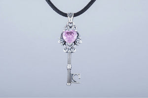 Key Pendant with Pink Gem Sterling Silver Jewelry - vikingworkshop