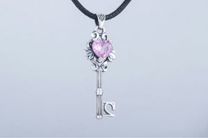 Key Pendant with Pink Gem Sterling Silver Jewelry - vikingworkshop