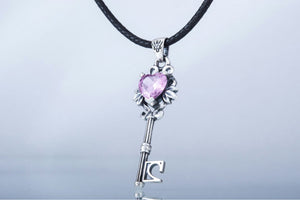 Key Pendant with Pink Gem Sterling Silver Jewelry - vikingworkshop