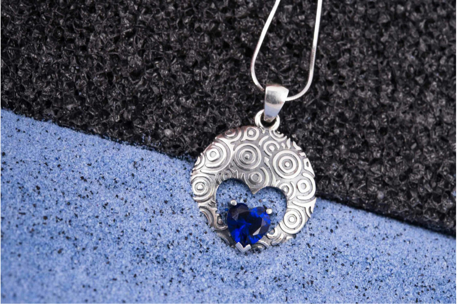 Unique Handcrafted Pendant with ornament and Blue Gem, Sterling Silver Fashion Jewelry - vikingworkshop