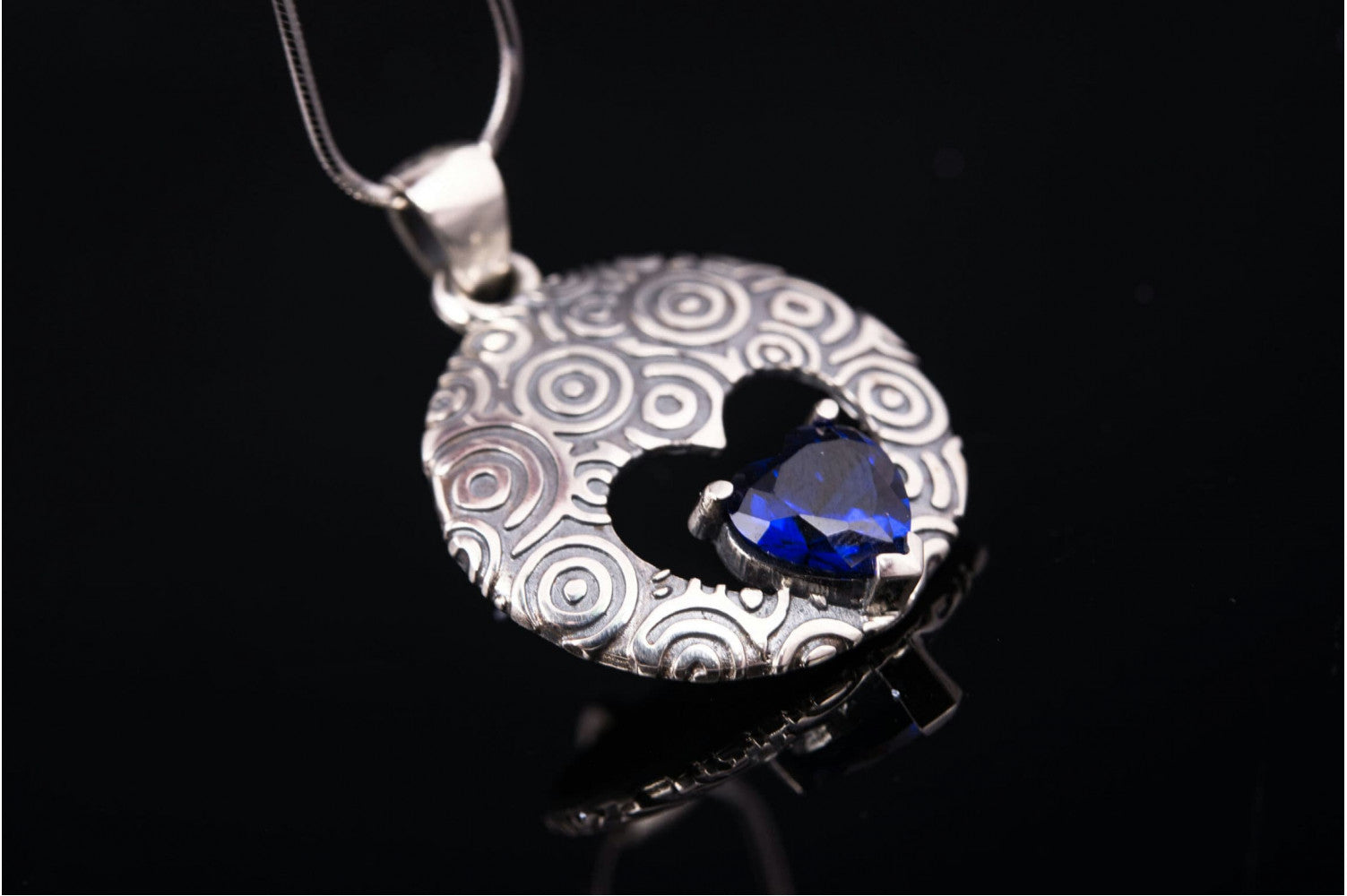 Unique Handcrafted Pendant with ornament and Blue Gem, Sterling Silver Fashion Jewelry - vikingworkshop