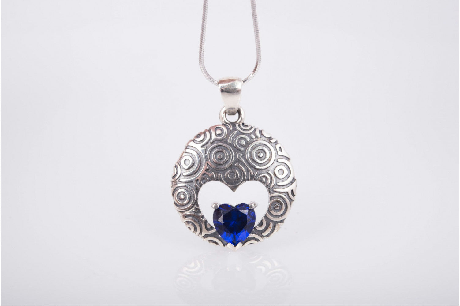 Unique Handcrafted Pendant with ornament and Blue Gem, Sterling Silver Fashion Jewelry - vikingworkshop
