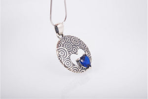 Unique Handcrafted Pendant with ornament and Blue Gem, Sterling Silver Fashion Jewelry - vikingworkshop