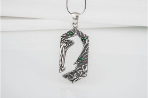 Handcrafted 925 silver Raven pendant with gems and ornament, unique Viking jewelry - vikingworkshop