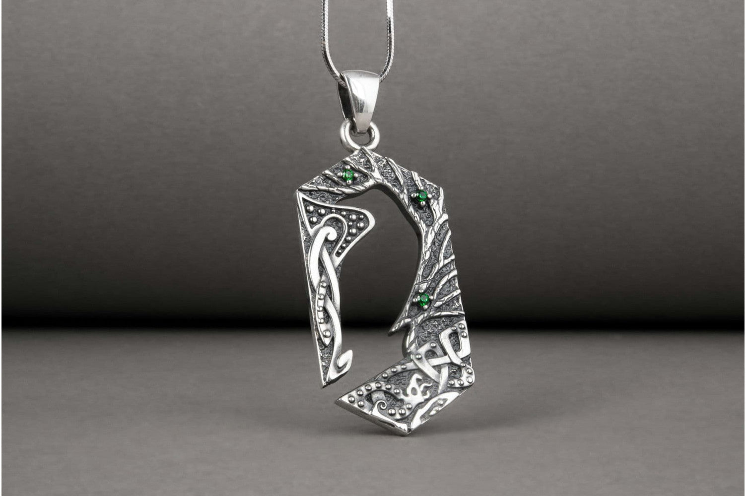 Handcrafted 925 silver Raven pendant with gems and ornament, unique Viking jewelry - vikingworkshop