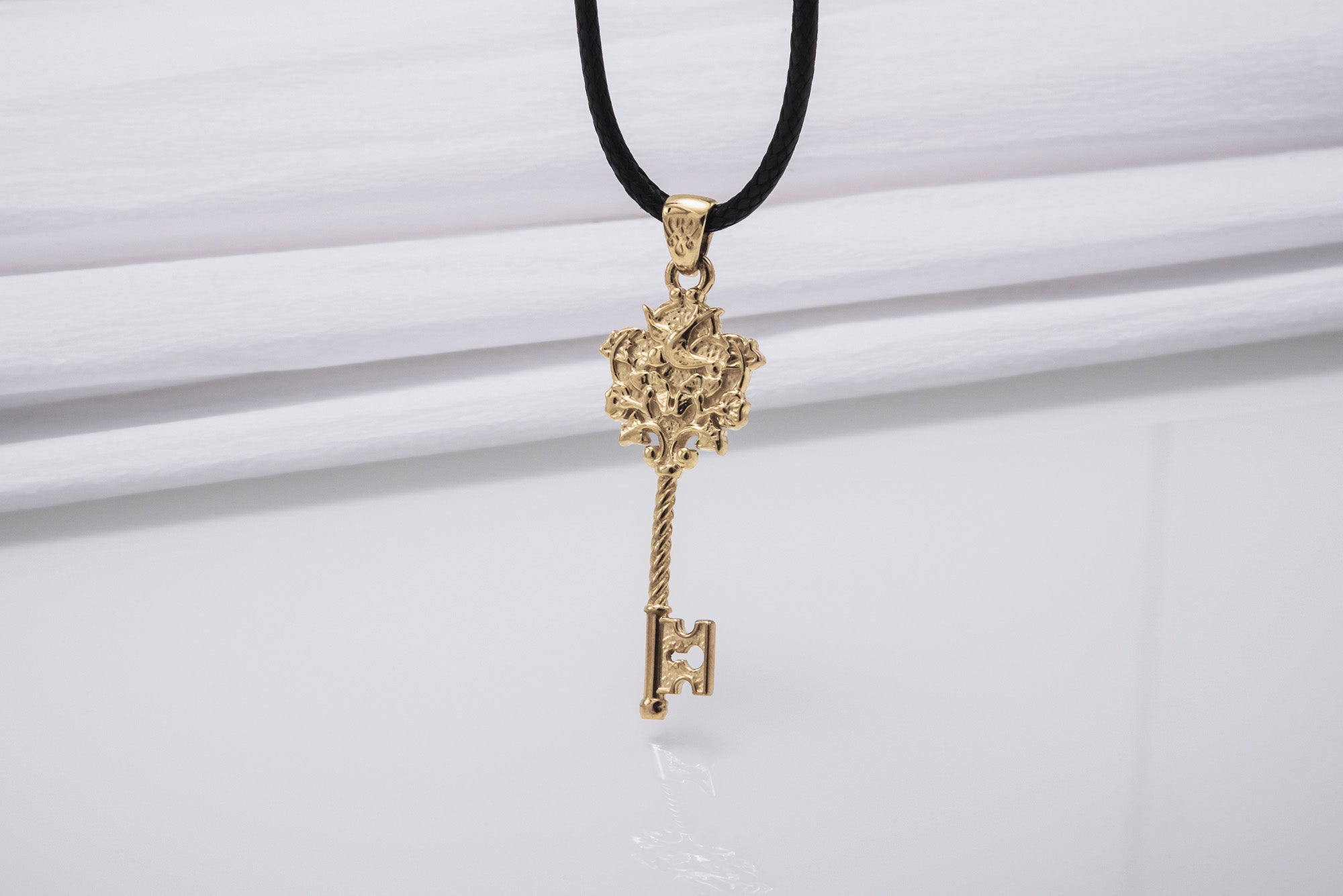 14K Gold Key Pendant with Bird and Flowers Jewelry