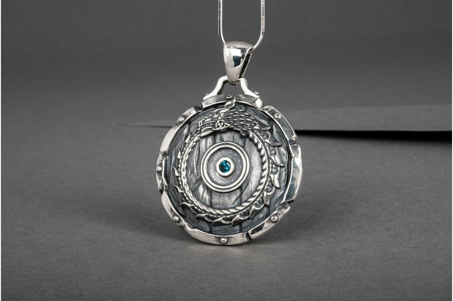 Shield with Ouroboros Symbol Pendant and Gem Sterling Silver Norse Jewelry - vikingworkshop