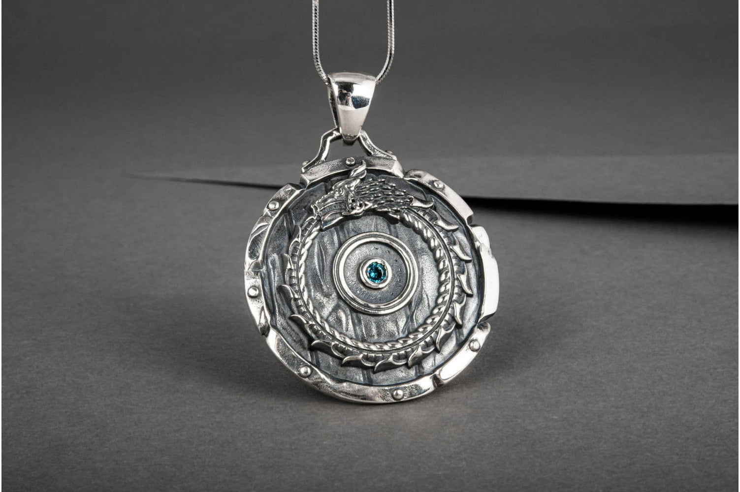 Shield with Ouroboros Symbol Pendant and Gem Sterling Silver Norse Jewelry - vikingworkshop