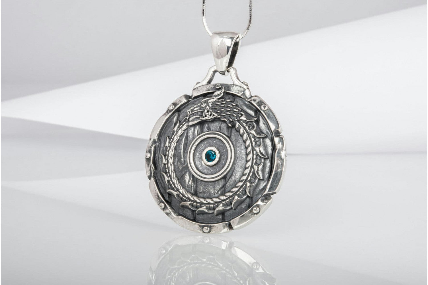 Shield with Ouroboros Symbol Pendant and Gem Sterling Silver Norse Jewelry - vikingworkshop