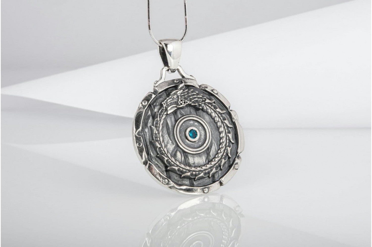 Shield with Ouroboros Symbol Pendant and Gem Sterling Silver Norse Jewelry - vikingworkshop