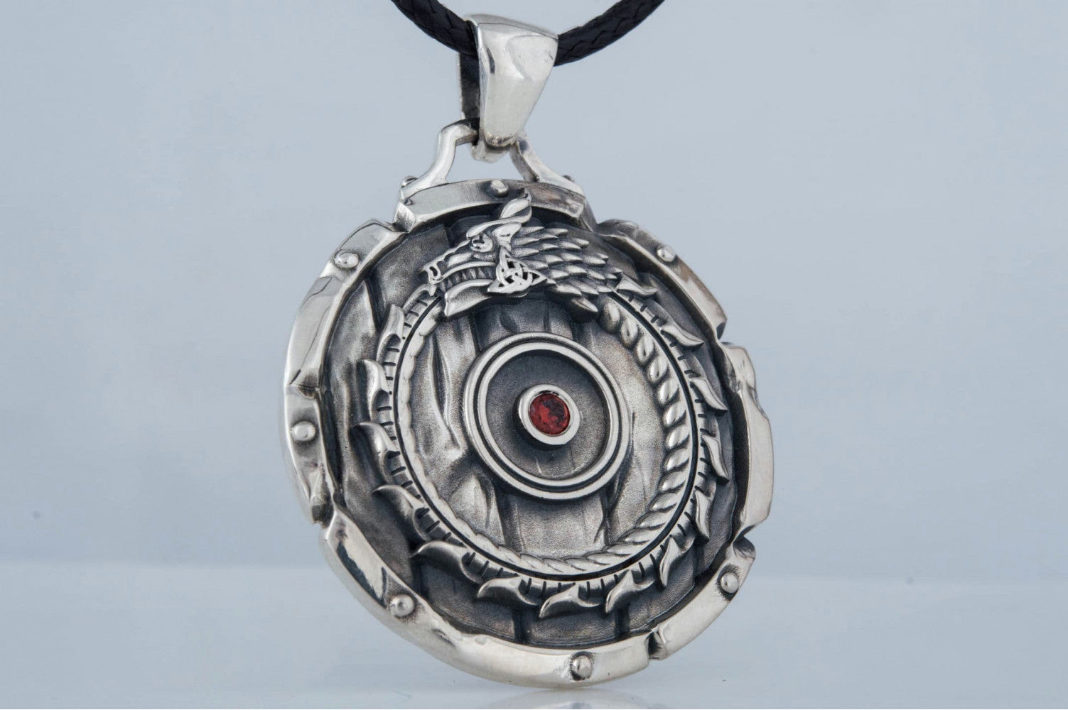 Shield with Ouroboros Symbol Pendant and Gem Sterling Silver Norse Jewelry - vikingworkshop