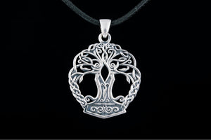 Yggdrasil with Mjolnir Pendant Handmade Sterling Silver Viking Necklace - vikingworkshop