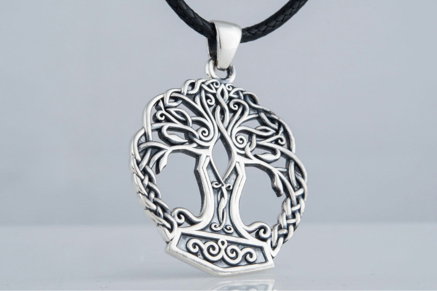 Yggdrasil with Mjolnir Pendant Handmade Sterling Silver Viking Necklace - vikingworkshop