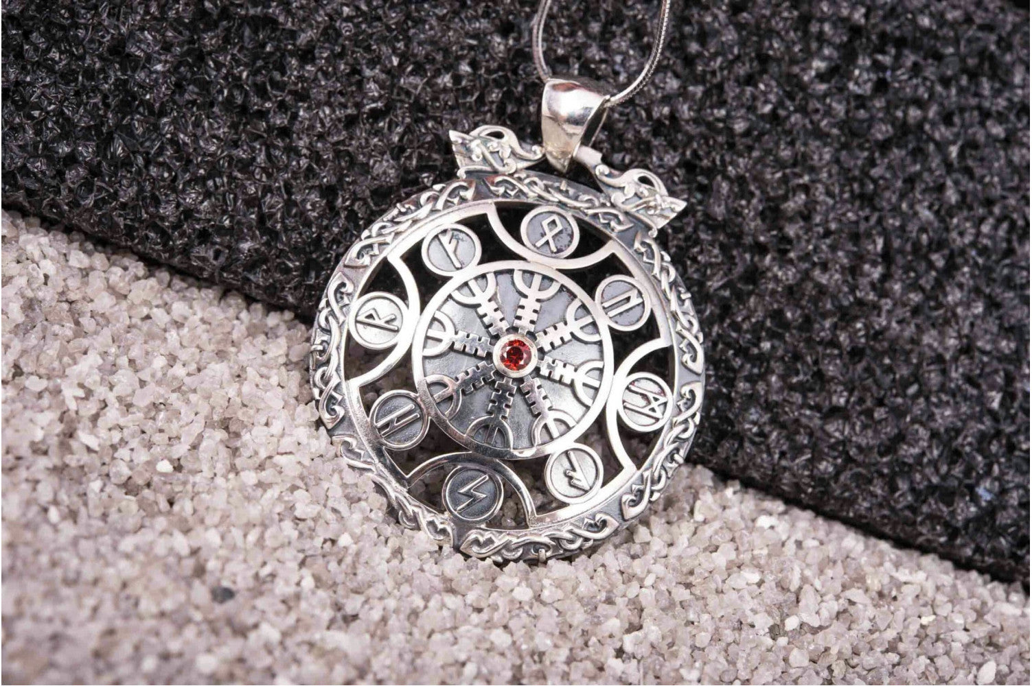 925 silver Helm of Awe Pendant with Red Gem and Runes, Unique handmade Viking Jewelry - vikingworkshop