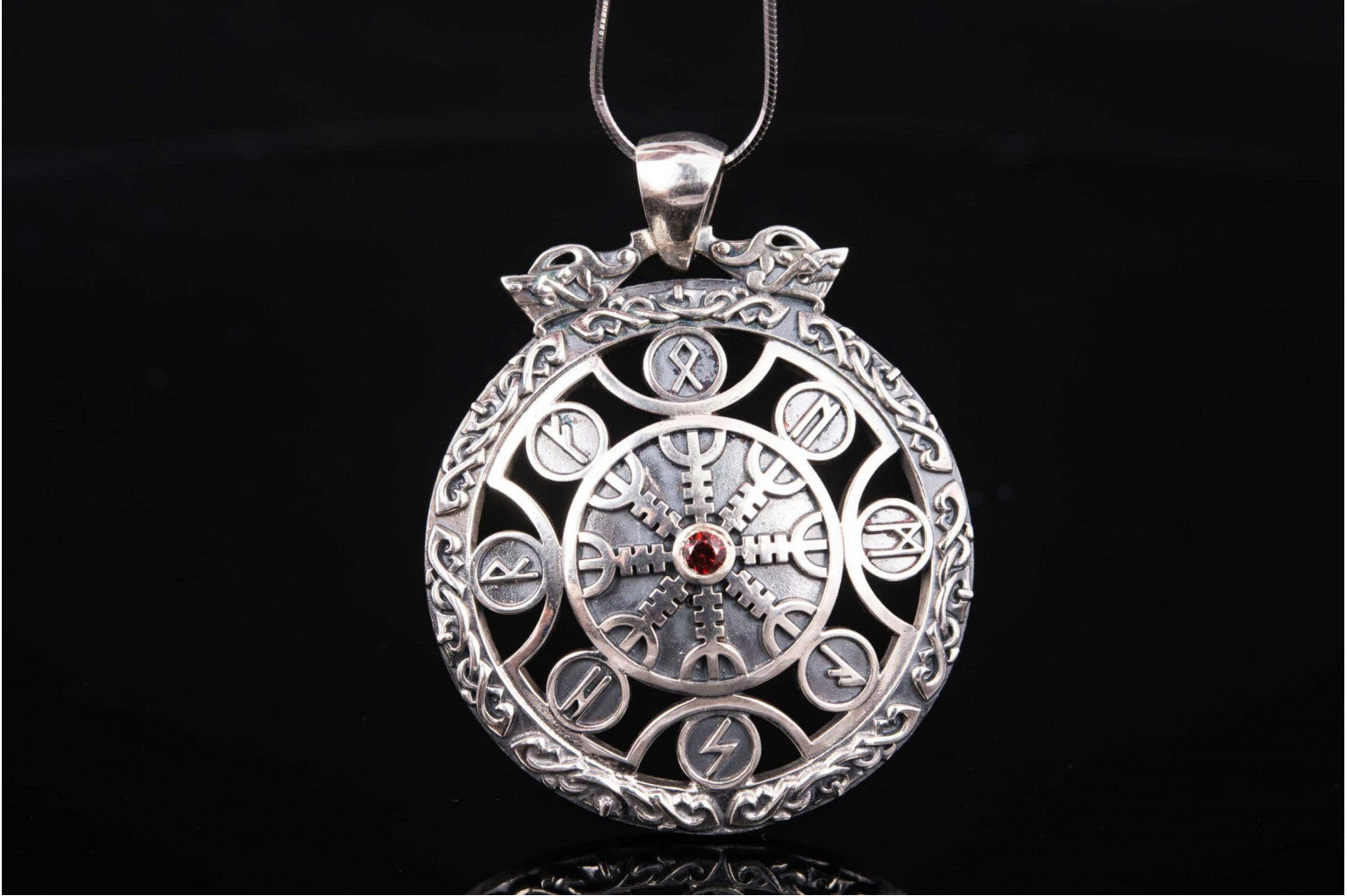 925 silver Helm of Awe Pendant with Red Gem and Runes, Unique handmade Viking Jewelry - vikingworkshop