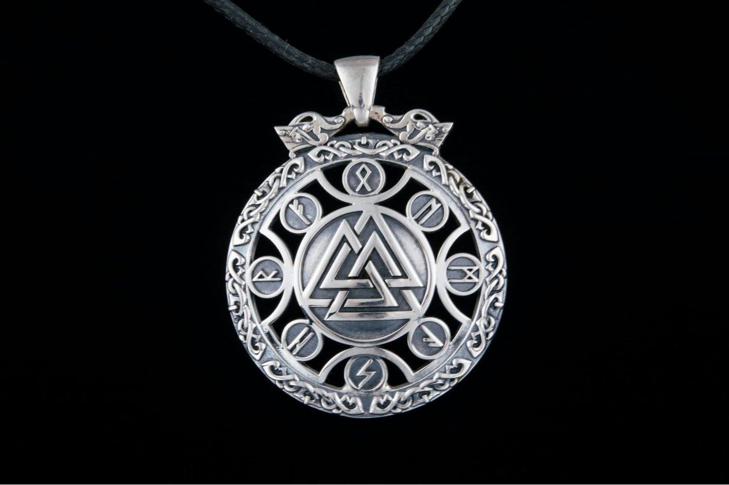 Valknut Symbol Pendant with Viking Runes Ornament Sterling Silver Jewelry - vikingworkshop