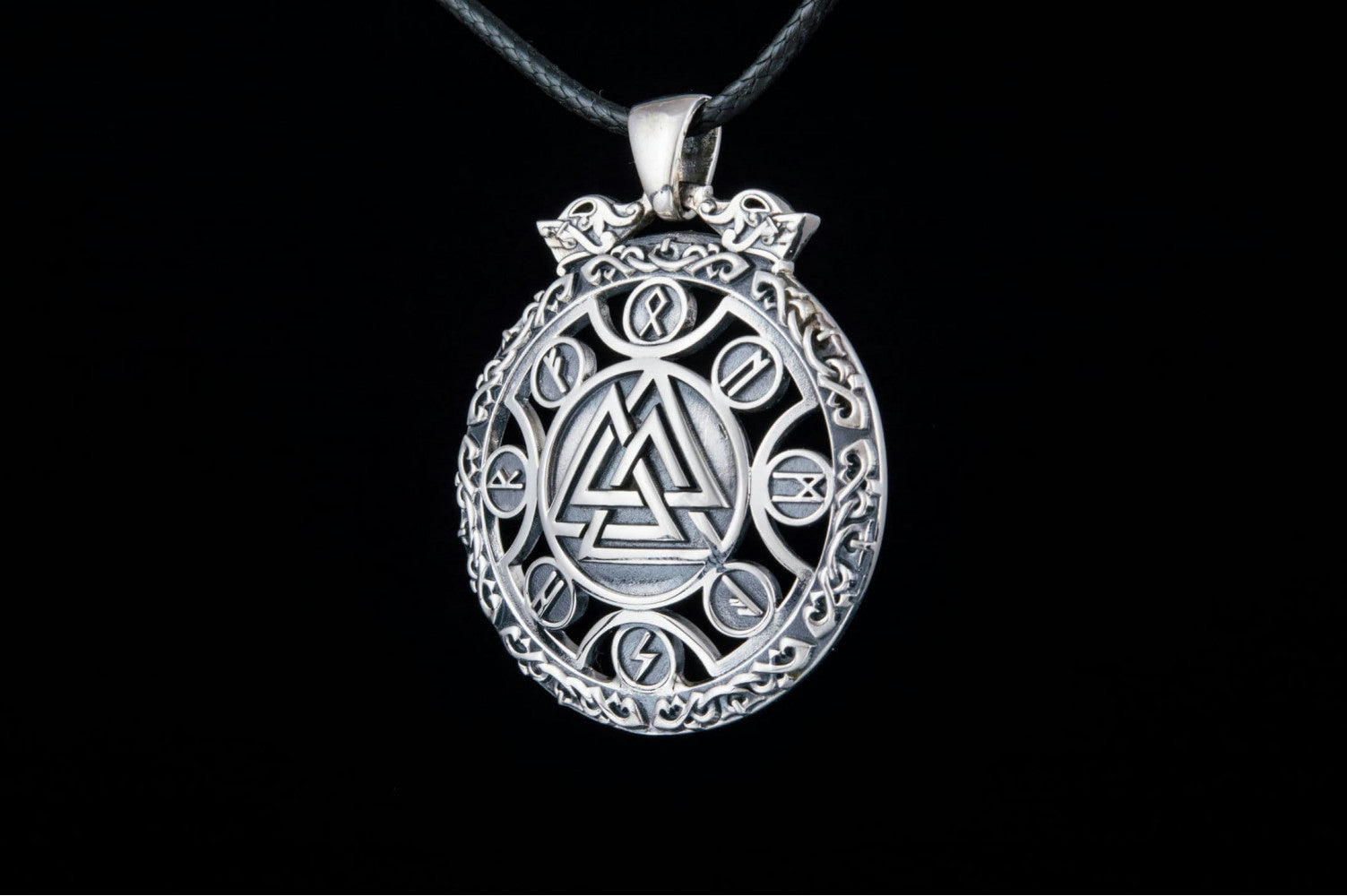 Valknut Symbol Pendant with Viking Runes Ornament Sterling Silver Jewelry - vikingworkshop