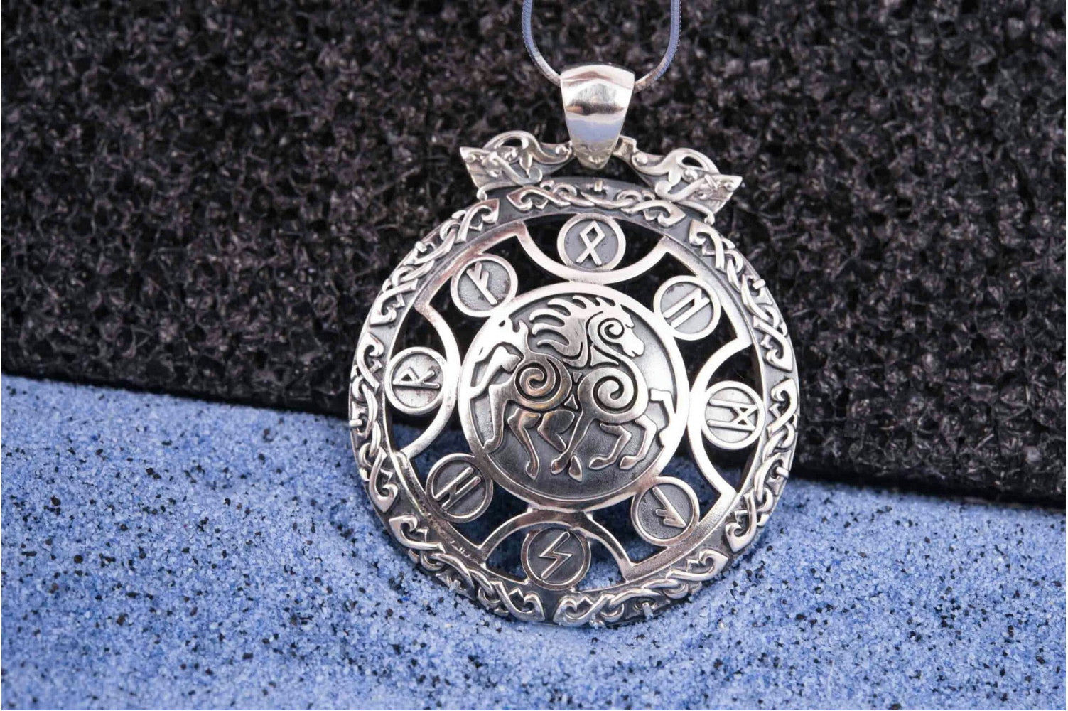 925 Silver Sleipnir pendant with Runes and Ornament, Unique Handmade Jewelry - vikingworkshop