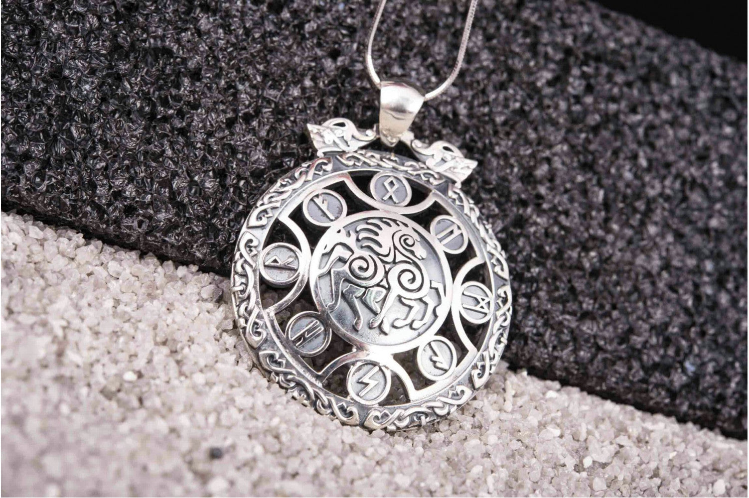 925 Silver Sleipnir pendant with Runes and Ornament, Unique Handmade Jewelry - vikingworkshop