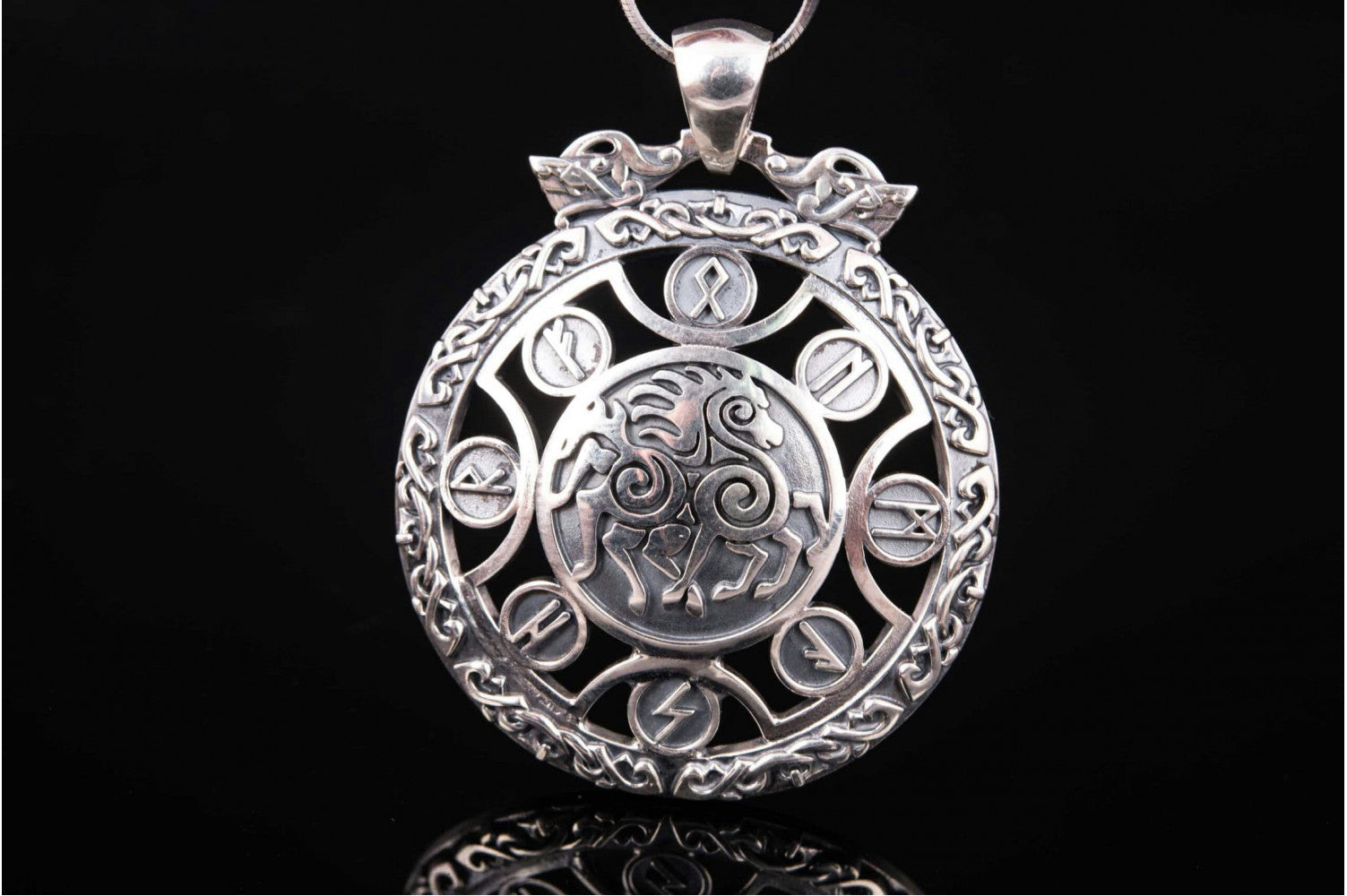 925 Silver Sleipnir pendant with Runes and Ornament, Unique Handmade Jewelry - vikingworkshop