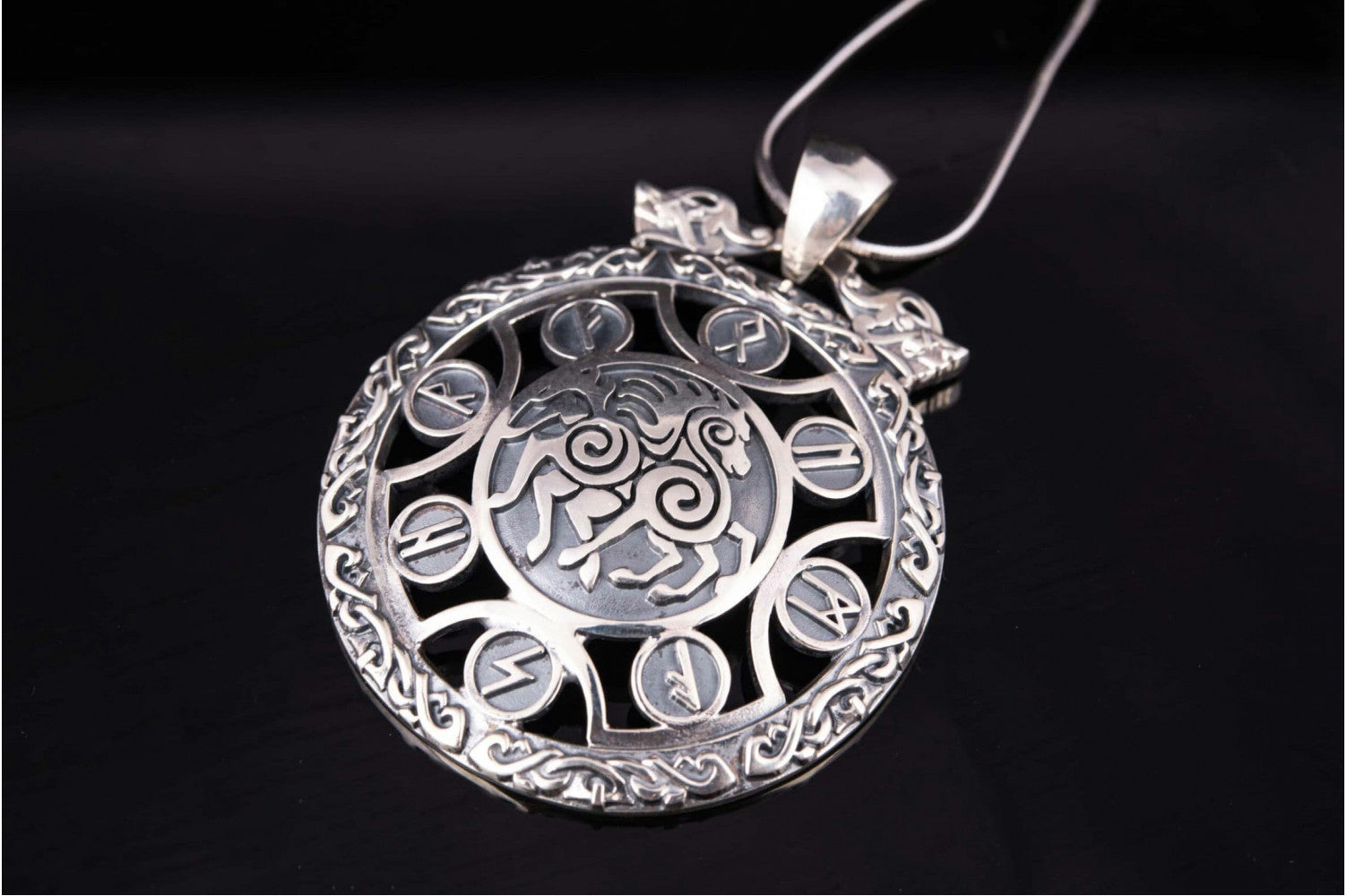 925 Silver Sleipnir pendant with Runes and Ornament, Unique Handmade Jewelry - vikingworkshop