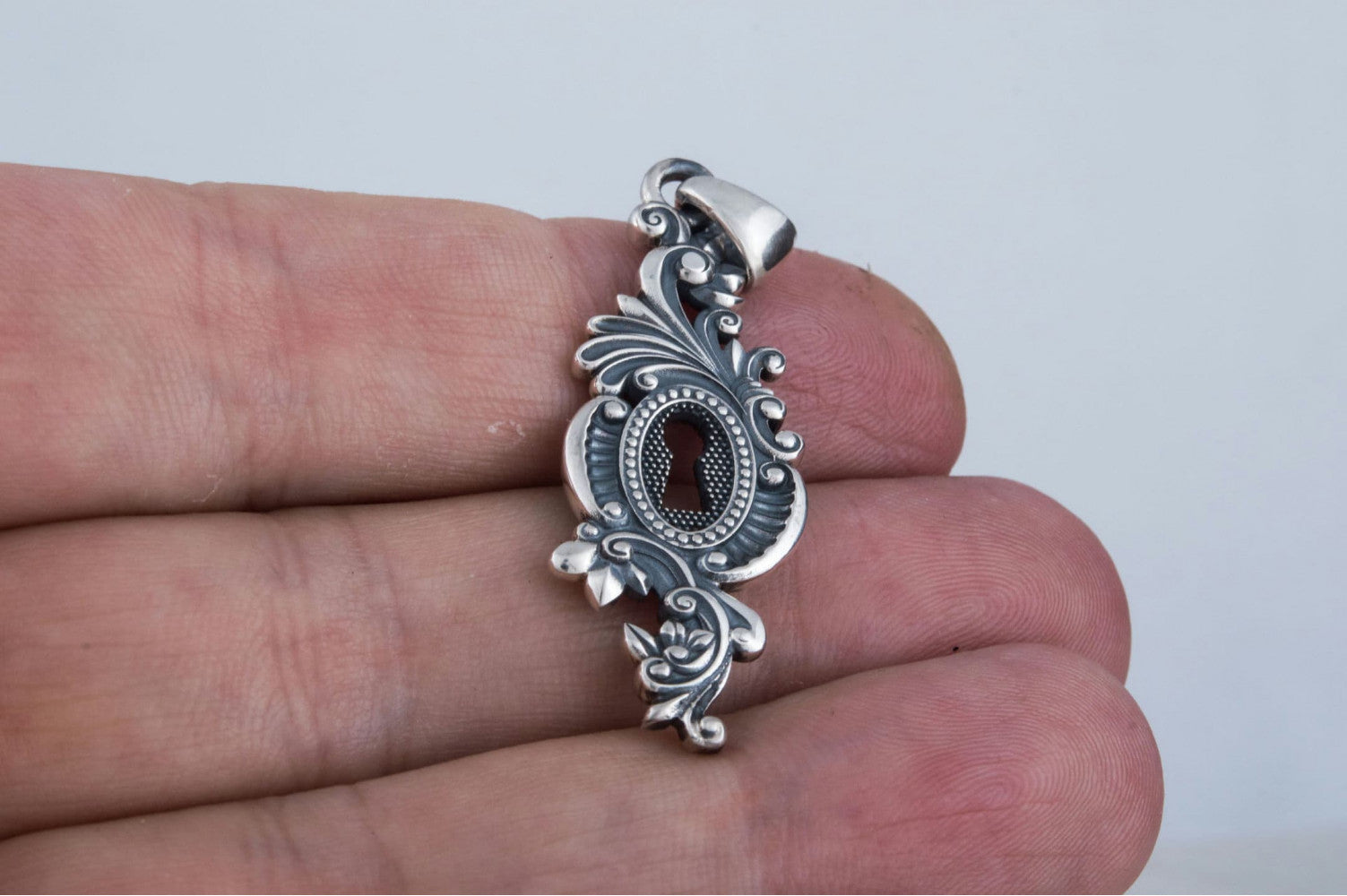 Keyhole Pendant with Leaves Ornament Sterling Silver Jewelry - vikingworkshop