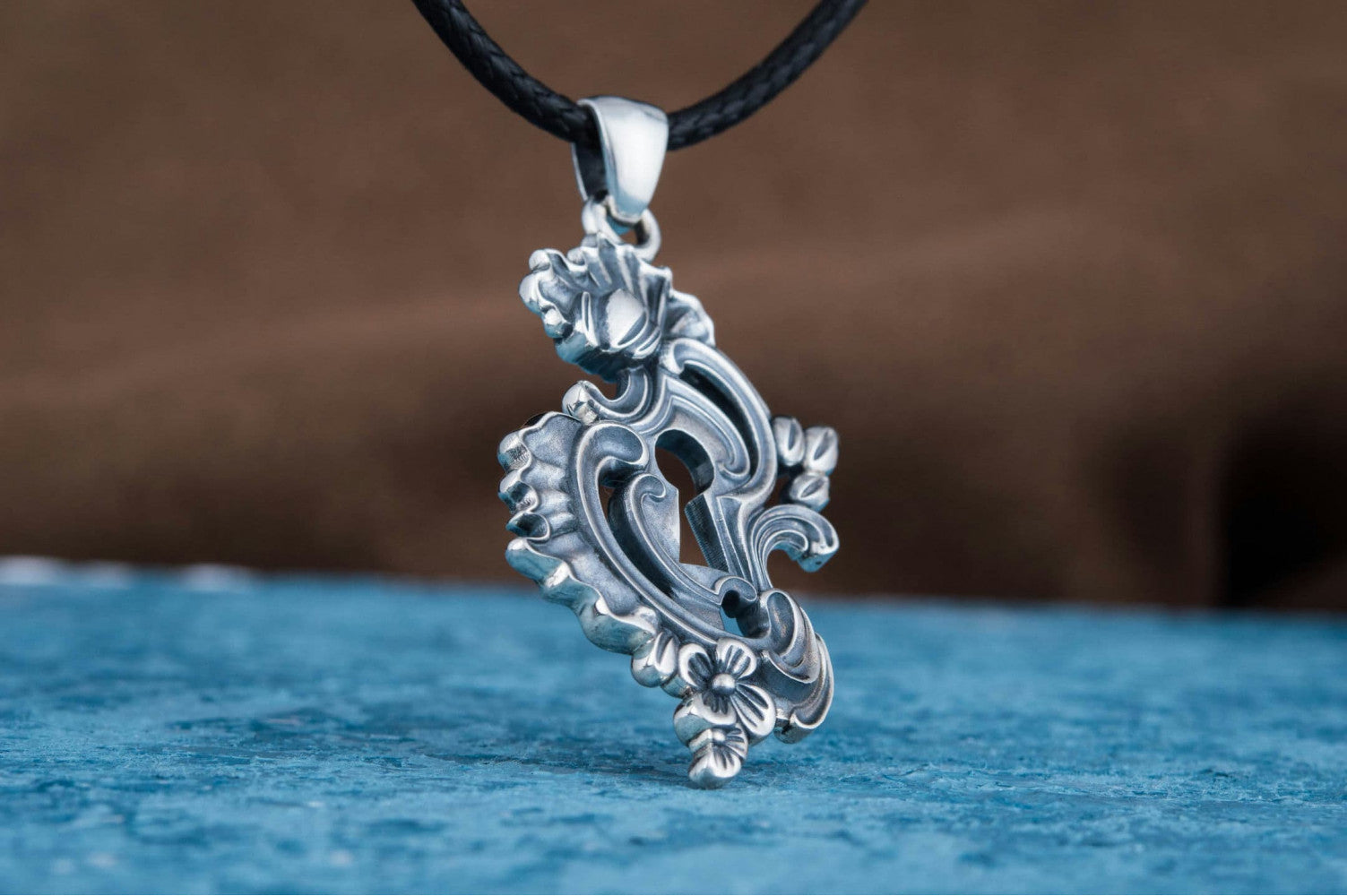 Keyhole Pendant with Flowers Ornament Sterling Silver Handmade Jewelry - vikingworkshop