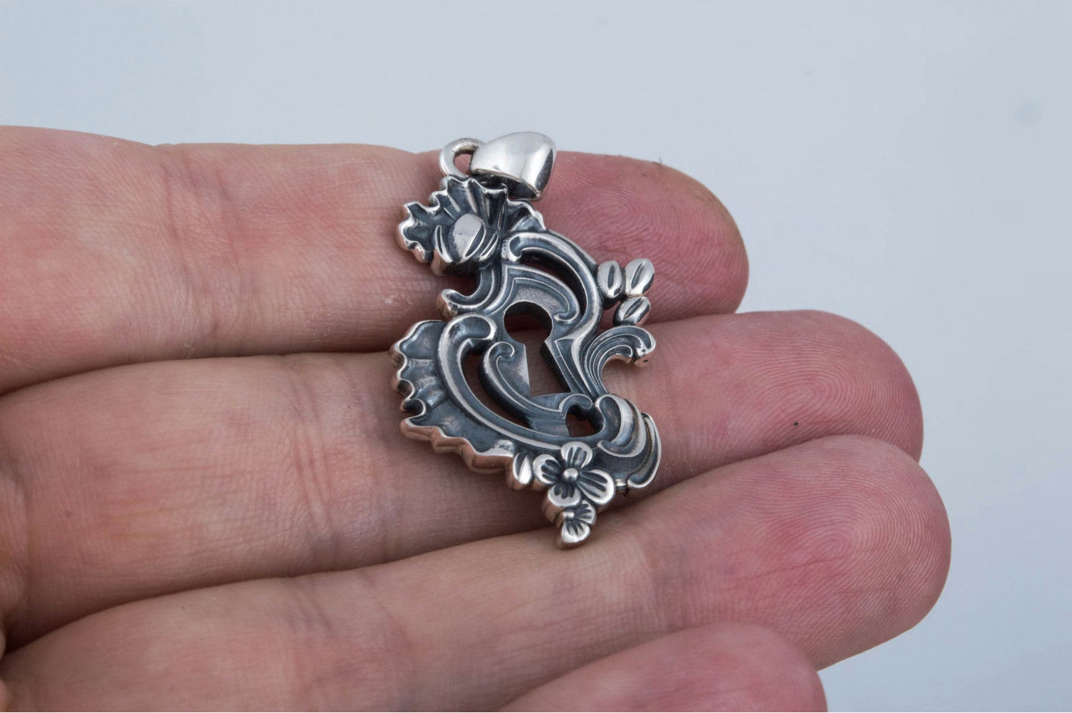 Keyhole Pendant with Flowers Ornament Sterling Silver Handmade Jewelry - vikingworkshop