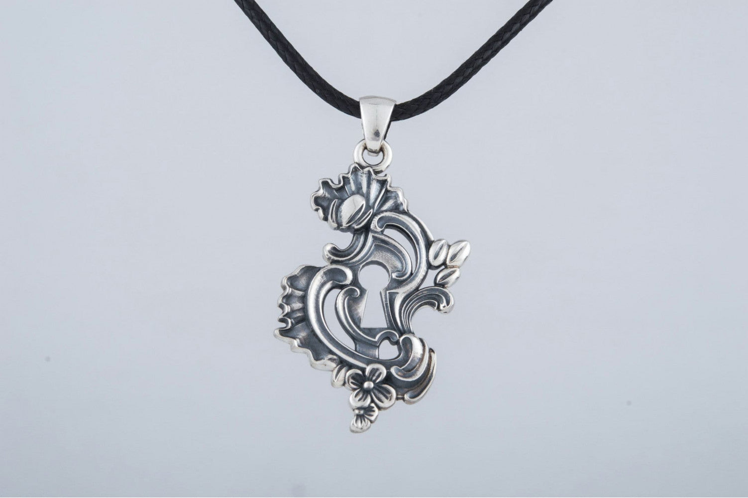 Keyhole Pendant with Flowers Ornament Sterling Silver Handmade Jewelry - vikingworkshop