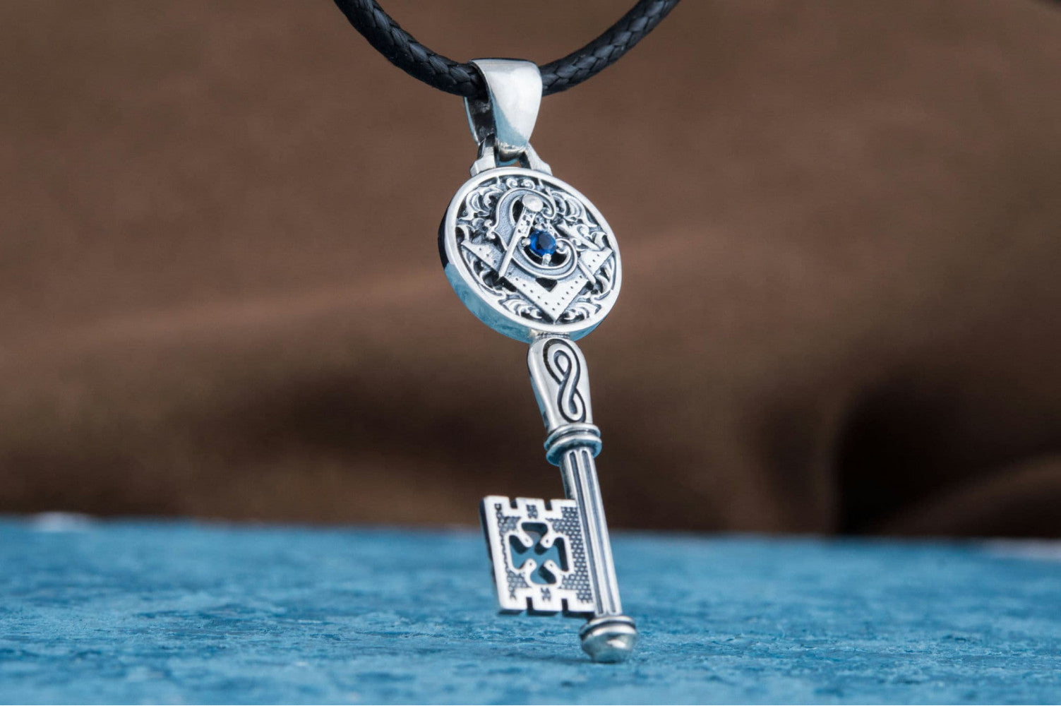 Key with Masonic Symbol and CZ Sterling Silver Jewelry - vikingworkshop