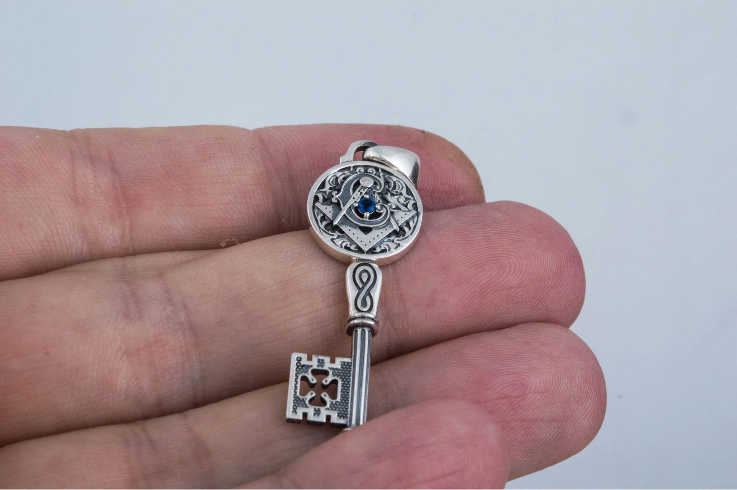 Key with Masonic Symbol and CZ Sterling Silver Jewelry - vikingworkshop