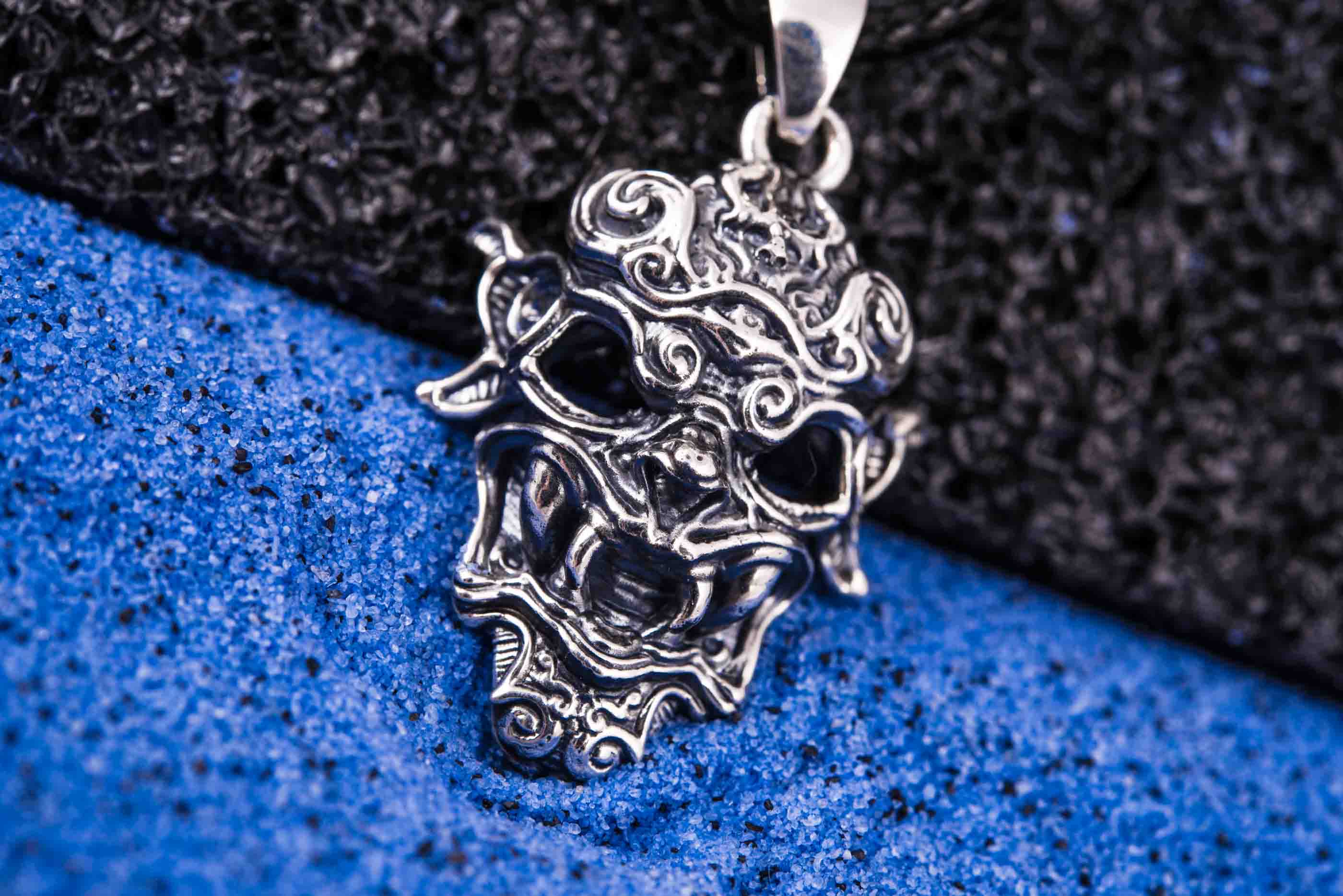 925 silver Oni Japanese Demon Mask, unique handmade jewelry - vikingworkshop