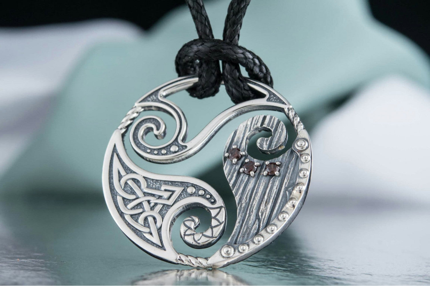 Circle Shield Pendant with Triskelion and CZ Ornament Sterling Silver Norse Jewelry - vikingworkshop