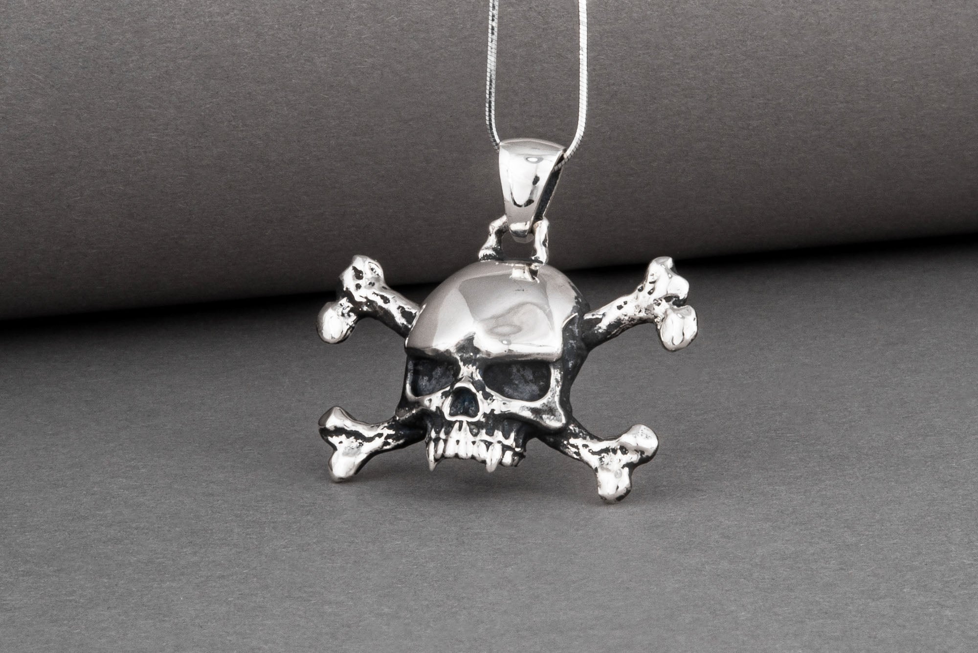 Sterling silver skull and bones handcrafted pendant for bikers and sailors, unique jewelry - vikingworkshop