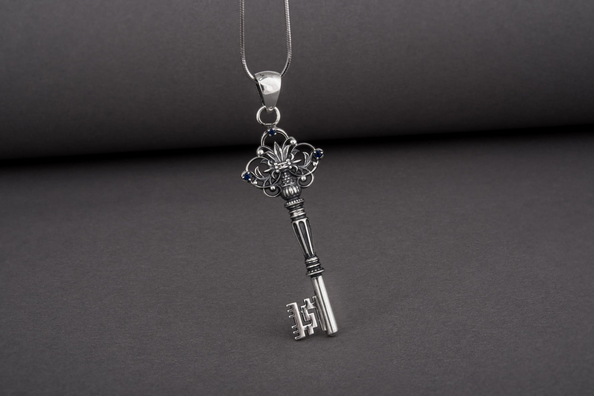 Unique 925 Silver Key Pendant With Gems, Handcrafted Jewelry - vikingworkshop