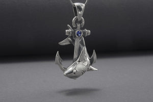 Anchor Handmade 925 Silver Pendant With Gems And Shark, Handcrafted Jewelry - vikingworkshop