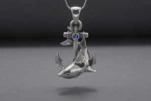 Anchor Handmade 925 Silver Pendant With Gems And Shark, Handcrafted Jewelry - vikingworkshop