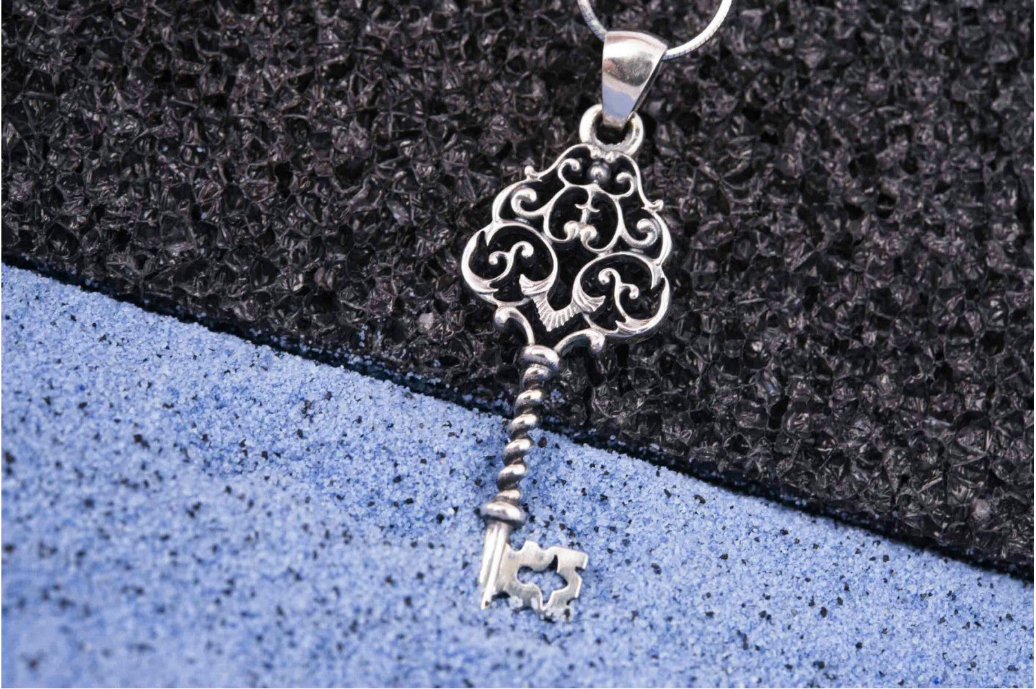 925 Silver Key Pendant with Leaves ornament, Unique handmade Fashion Jewelry - vikingworkshop