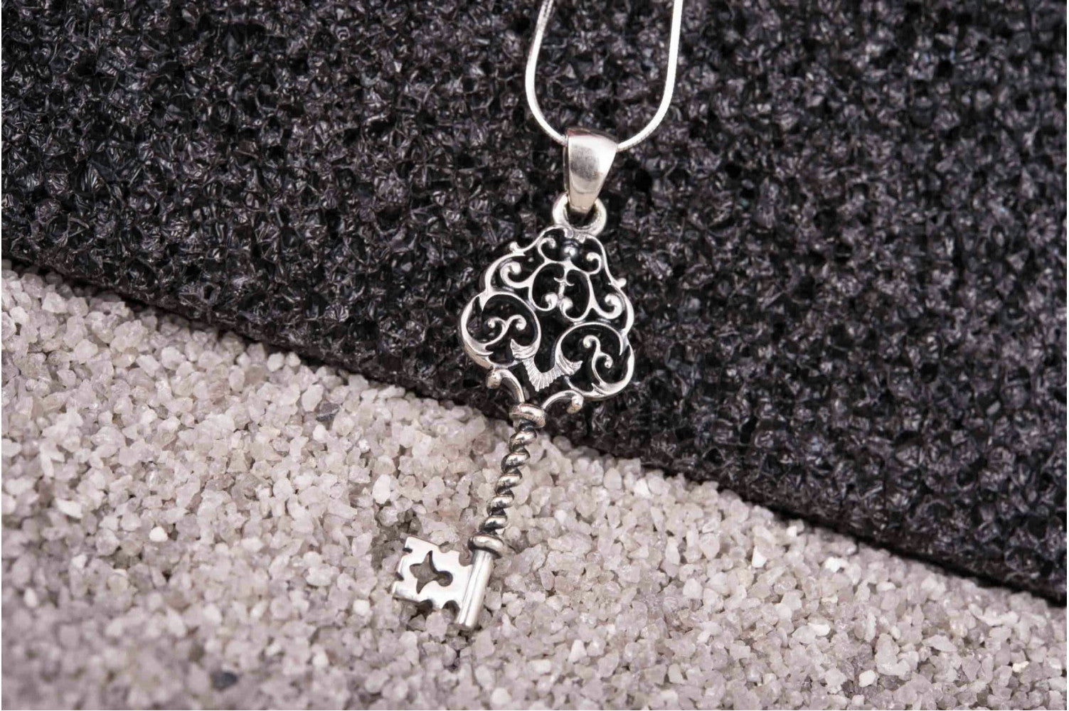 925 Silver Key Pendant with Leaves ornament, Unique handmade Fashion Jewelry - vikingworkshop