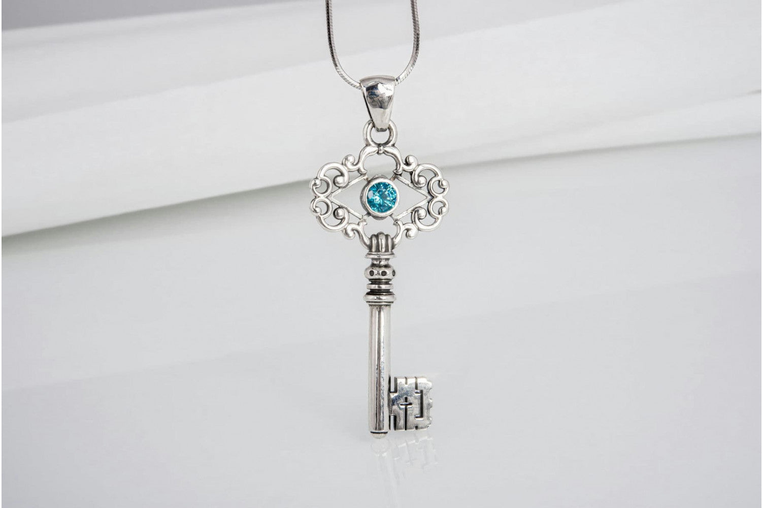 Handmade sterling silver Key pendant with turquoise gem and ornament, unique fashion jewelry - vikingworkshop