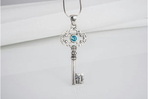 Handmade sterling silver Key pendant with turquoise gem and ornament, unique fashion jewelry - vikingworkshop