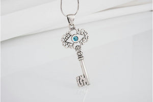 Handmade sterling silver Key pendant with turquoise gem and ornament, unique fashion jewelry - vikingworkshop