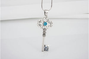 Handmade sterling silver Key pendant with turquoise gem and ornament, unique fashion jewelry - vikingworkshop