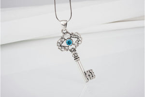 Handmade sterling silver Key pendant with turquoise gem and ornament, unique fashion jewelry - vikingworkshop