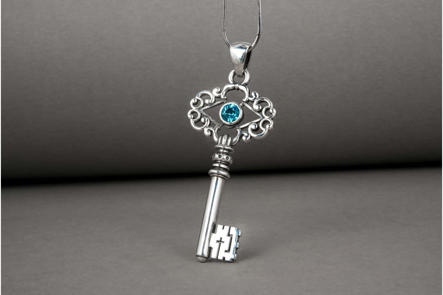 Handmade sterling silver Key pendant with turquoise gem and ornament, unique fashion jewelry - vikingworkshop
