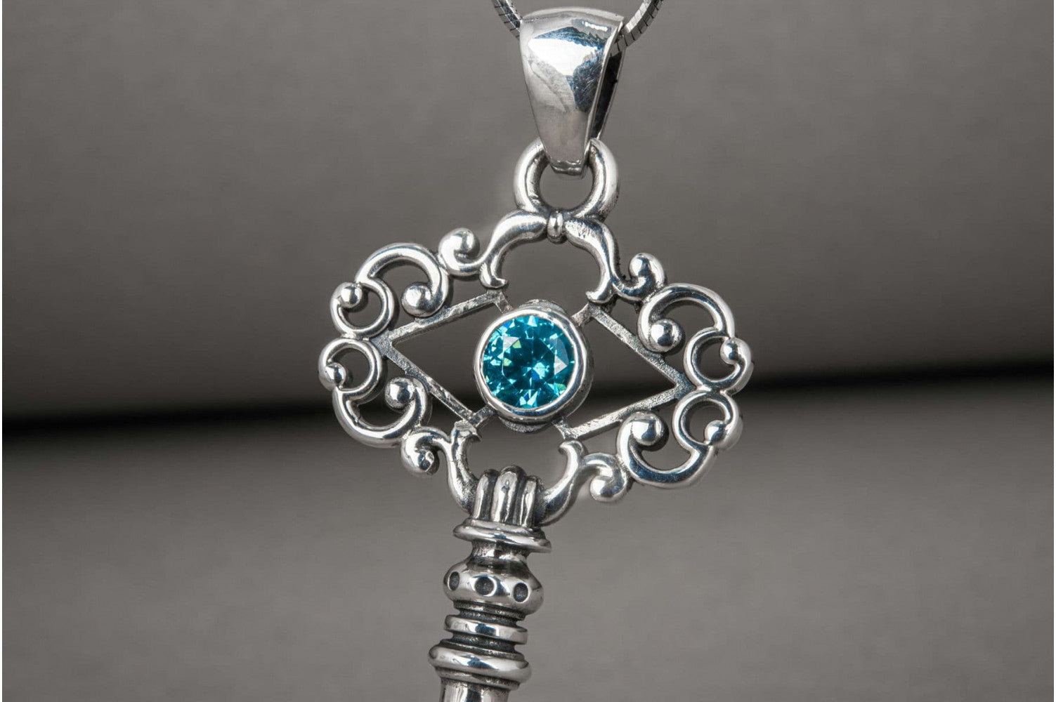 Handmade sterling silver Key pendant with turquoise gem and ornament, unique fashion jewelry - vikingworkshop