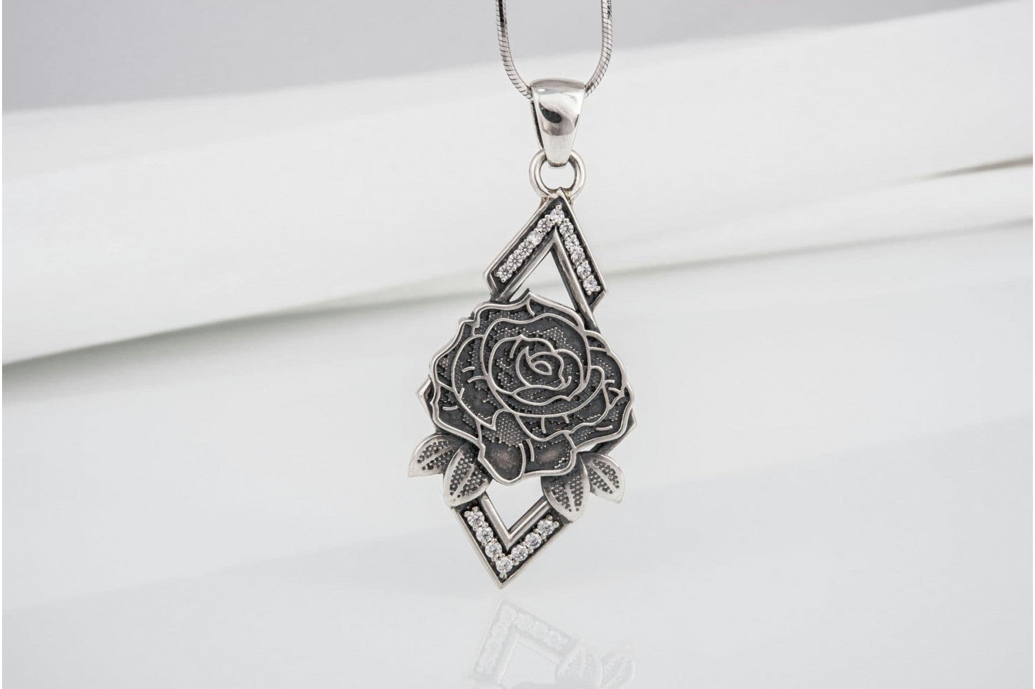 Unique onesided Rose pendant with gems, handcrafted sterling silver jewelry - vikingworkshop