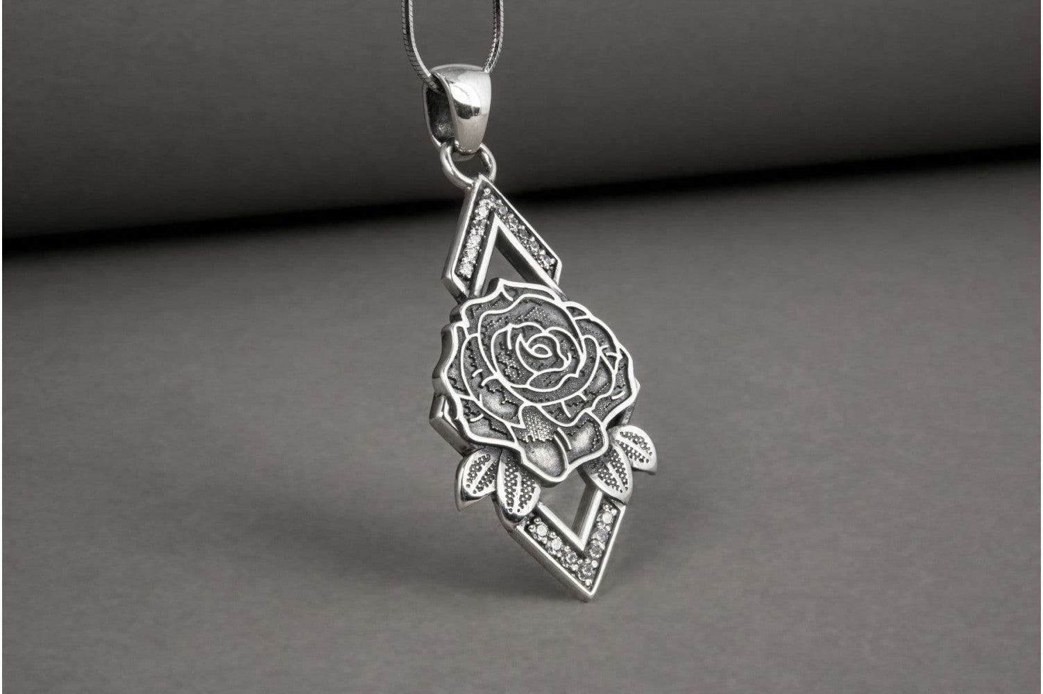 Unique onesided Rose pendant with gems, handcrafted sterling silver jewelry - vikingworkshop