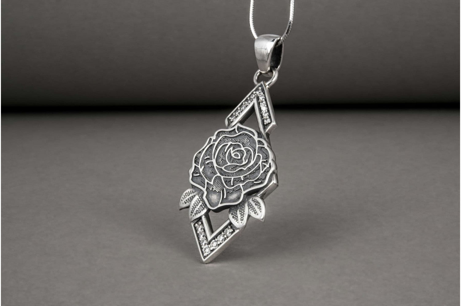 Unique onesided Rose pendant with gems, handcrafted sterling silver jewelry - vikingworkshop