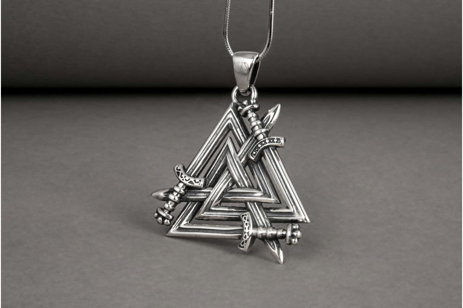 Brutal 925 silver viking pendant with Valknut swords, unique handmade jewelry - vikingworkshop